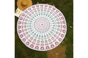 raajsee White Brown Round Beach Tapestry Hippie/Boho Beach Blanket Mandala/Indian Cotton Throw - Round Tablecloth/Home Decor/Indie Rug Yoga Mat Meditation Picnic Rugs 178 CM / 70 INCHE Circle