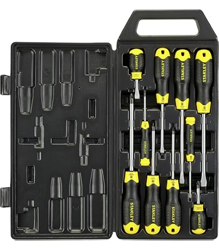 Stanley STmT0-94248 Werkzeugzusammensetzung – Cutter – Messung – Hammer – Schraubendreher – Zange – Steckschlüssel – Bithalter – Ratsche – Chrom-Finish gegen Korrosion – Koffer mit 65 Teilen