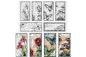 GLOBLELAND Vintage Text Background Clear Stamps for Cards Making Retro Flowers Mushroom Butterfly Silicone Clear Stamp Seals for Cards Making DIY Scrapbooking Photo Journal Album Decoration