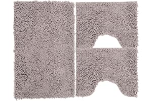 Poligono Set Tappeti Bagno 3 Pezzi in Microfibra, Tappeto Pelo Lungo 50x80 cm, 2 Tappetini per WC e Water Forma Rettangolare 40X50 cm, Morbido, Antiscivolo, Grigio