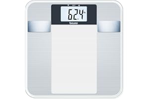 Beurer BG 13 Pèse-personne, impédancemètre en verre avec grand écran LCD, mesure le poids, la graisse corporelle, l'eau corporelle, le pourcentage de muscles et l'IMC
