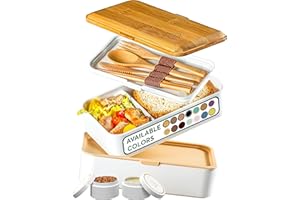 Umami Bento Pudełko na Lunch, 2 Garnki na Sos & Sztućce w Zestawie, Bezpieczne Do MIkrofali, Pudełko na Lunch Dla Dorosłych, Pudełko na Posiłki z Przegrodami, Bento Box