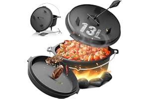 ‎BROIL-MASTER broil-master® Dutch Oven -4/7/9/13L, Set, Deckelheber, Pfanne, Untersetzer, Tragegriff, Gusseisen, Rund, für Camping, Outdoor - Feuertopf, Eingebrannter Schmortopf, Bräter (Topf mit Füßen, 13.5 Liter)