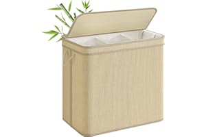 SONGMICS Panier à Linge en Bambou 3 Compartiments, Corbeille à Linge Sale, 170 Litres, Sac Amovible et Lavable en Machine, Couvercle, Poignées, Buanderie, Chambre, Salon, Couleur Naturelle LCB069Y01