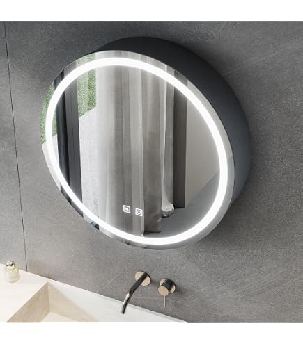Janboe Armoire à pharmacie ronde de 71,1 cm avec lumières, armoire à pharmacie LED avec désembuage, miroir lumineux pour salle de bain, intensité variable, anti-buée, 3 couleurs, montage en surface