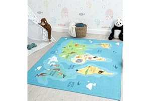 the carpet Happy Life Play Carpet, Washable, for the Bedroom, Suitable for Children, with Earth and Animal World Map Design, Blue, 80 x 150 cm