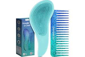 Lily England Set di spazzola districante e pettine per capelli, spazzola per capelli leggera e pettine a denti larghi per donne, spazzola districante liscia e pettine per capelli ricci, Blu glitterato
