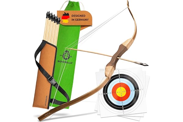 BOWRILLA® Flèche et arc pour enfants | 10 flèches avec pointe en caoutchouc, carquois et 3 cibles | Kit de tir à l'arc pour enfants avec sac de rangement | Arc pour enfants pour droitiers et gauchers