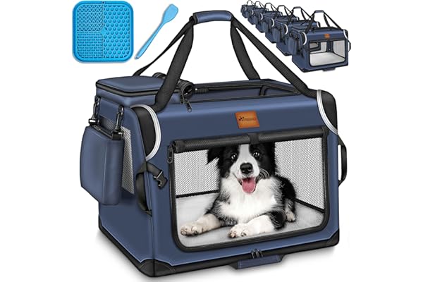 TRESKO® Caisse de transport pliable, avec tapis de fuite, spatule et réflecteurs, pour chiens et chats de petite et grande taille, sac robuste, taille S, 50 x 34 x 34 cm (bleu marine)