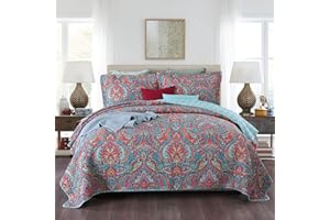 Qucover Colcha Fina Cama 150,cubrecama Verano Funda bouti de piqué de Algodón,Manta y 2xFundas de Almohada,Azul y Paisley Reversible para Matrimonio,Cubre Sofa