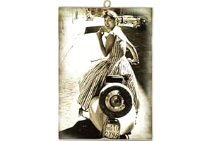 KUSTOM ART Quadro Quadretto Stile Vintage Ragazza su Vespa da Collezione Stampa su Legno. Per Arredamento Ristorante Pizzeria Bar Hotel