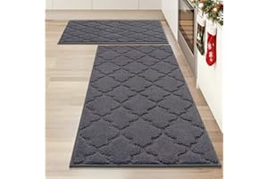 COSY HOMEER COSY HOMMER Nonslip Kitchen Rug Set 2 Pack, 51x76cm+51x122cm, 100% Polyester Absorbent Soft Kitchen Floor Mats Carpet Rug Mat Runners,Machine Washable & Anti-skid TPR Backing,Dark Grey