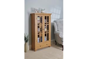 Greenhurst Display Cabinet, Media Storage with Shelving and Drawer, Double Perspex Doors H132.5 W76cm D30cm (Oak)