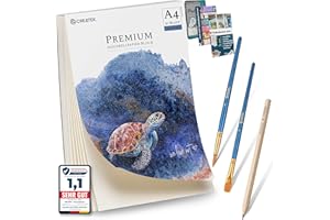 CreaTek Aquarellpapier A4 300 g Einschließlich 2-Stunden-Videokurs 30 Blatt Aquarellblöcke + 2 Pinsel + Bleistift + 400 Malvorlagen - Aquarellfarben Papier