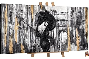 YS-Art Acrylic painting on canvas Film reel Textured abstract artwork with women black and gold color Wall art decor 40x20 inch