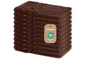 Lavea® 10 Guanti da Bagno 15x21 cm in Spugna di Cotone 100% Morbidi e Assorbenti, per Casa Hotel Spa – Manopola da Bagno con Gancetto – Marrone caffé