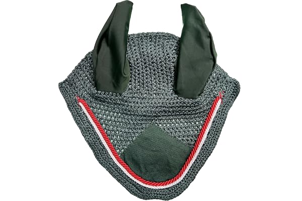 Spire Bonnet de protection anti-mouches en coton doux au crochet respirant pour cheval, capuche pour les oreilles (Poulain, Vert foncé/Rouge-Blanc