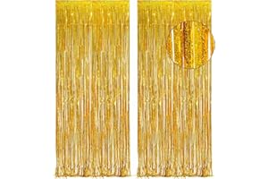 Probuk 2 Pezzi 1m x 2.5 m Tende Metalliche Tinsel Foil Tende di Orpello Frange Frangia Tende Festa Sfondo per Nozze Compleanno Festa Decorazioni (Oro)