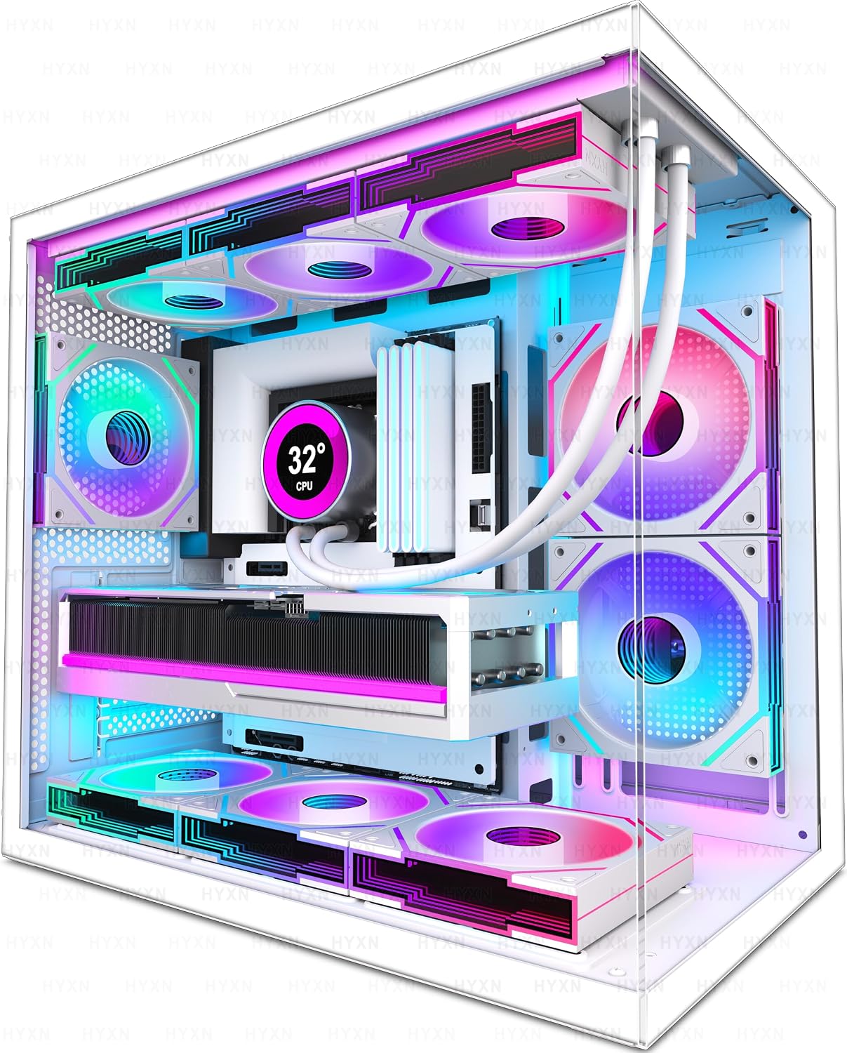 HYXN H3(2026) Caja PC ATX – Preinstalado con 6 Ventiladores Infinity Mirror PWM ARGB, Caja PC Gaming Mid Tower Dual Cámara Compacta ATX, con Type-C 3.2 (Blanco)