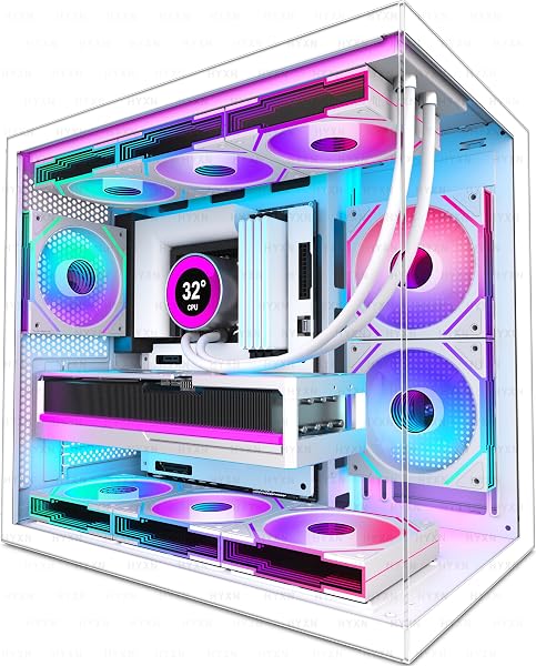 HYXN H3(2026) Caja PC ATX – Preinstalado con 6 Ventiladores Infinity Mirror PWM ARGB, Caja PC Gaming Mid Tower Dual Cámara Compacta ATX, con Type-C 3.2 (Blanco) - 1