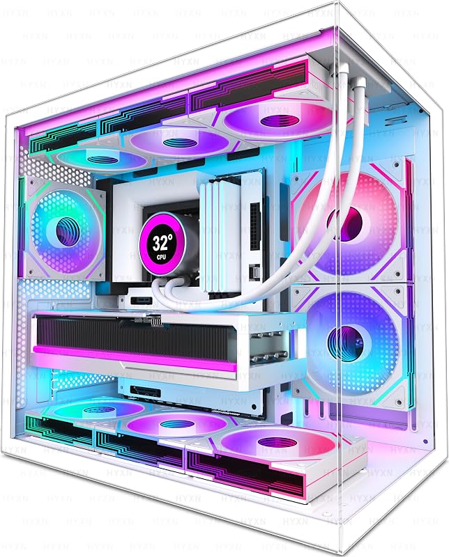 HYXN H3(2026) Caja PC ATX – Preinstalado con 6 Ventiladores Infinity Mirror PWM ARGB, Caja PC Gaming Mid Tower Dual Cámara Compacta ATX, con Type-C 3.2 (Blanco)