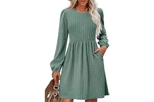 Zeagoo Vestido de mujer de manga larga, vestido de otoño, elegante, línea A, vestido de invierno, cuello redondo, vestido suelto, largo hasta la rodilla, túnica con bolsillos