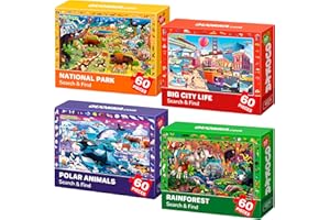QUOKKA Jigsaw Puzzles For 3 4 Year Olds - 4x60 pc Kids Search & Find Puzzles Age 5-8 - Educational Toys For 3 4 yo For Learning Forest Polar & National Park Animals - Gift Game for Boys and Girls