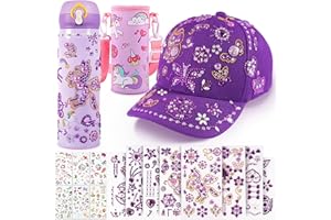 BuYupop Geschenke für Mädchen DIY Trinkflasche und Baseballkappe, Basteln Selbst Gestalten mit Edelstein und Einhorn Aufklebern, Schulanfang Geburtstag Geschenk Mädchen 4 5 6 7 8 9 10 11 12 Jahre