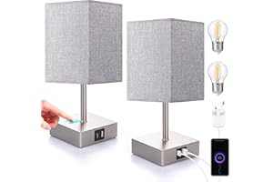 EDISHINE Bedside Lamps Set of 2, 3 Way Dimmable Table Lamp with USB A+C Charging Ports, Touch Lamps for Bedroom, Living Room, Grey (LED Bulbs Included)