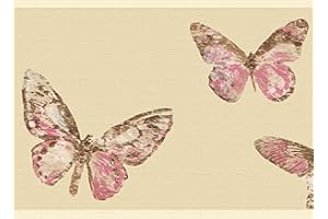 Dundee Deco DDAZBD9048 Peel and Stick Wallpaper Border - Nature Pink, Brown, Beige Butterflies Wall Border Retro Design, 15 ft x 7 in (4.57m x 17.78cm), Self Adhesive
