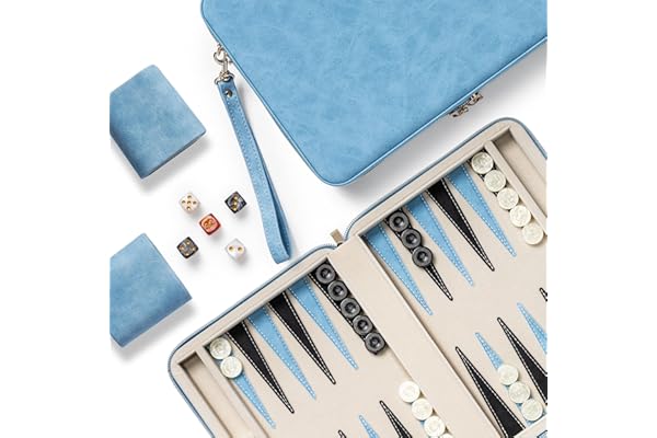 Lingle Jeux de Backgammon de 23,9 cm pour Adultes, Jeu de société Classique avec étui de Backgammon Pliable en Simili Cuir, Ensemble de Voyage Portable, Comprenant 30 Dames en Corne (Bleu)