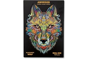 JUEGACONMIGO ANIWOOD Puzzle de Madera de Animales. Tapa troquelada, Caja a tamaño Real del Puzzle. 3 Modos de dificultad, Elemento Decorativo. Piezas únicas Originales de Animales (Medium, Lobo)