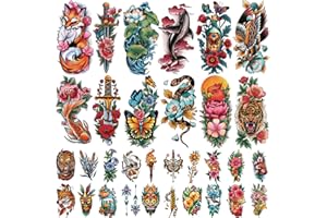 GABIZAFIA 77 hojas de tatuajes temporales para adultos y niños, de la vieja escuela, con calaveras, tigres, espadas, gatos, águilas, serpientes, flores de loto, mariposas, tatuajes falsos para medio brazo, para