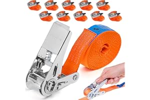 INTAKO Cinchas de Amarre Pequeñas 4m x 800kg x 25mm - 10 Piezas - Correa de Amarre con Trinquete - Eslingas con Carraca - Trinchas de Sujeción - Tensor de Carraca Naranja - DIN EN 12195-2