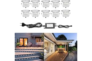 CHNXU 10 Spot LED Eclairage Extérieur Encastrable Sol Terrasse Bois,45mm Spots Encastré Extérieur Fait en IP67 DC12V 1W Avec Alimentation EU Pour Jardin Escalier Patio Blanc Froid