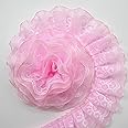 3 Meters Pleated Organza 2-Layer Lace Edge Gathered Mesh Trim Ribbon 4 cm Width Pink Trimming Fabric Embroidered Applique Sewing Craft Wedding Bridal Dress Extender Party Hat Clothes Decoration DIY