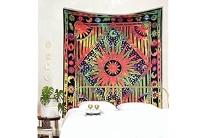 THE ART BOX Hippie Mandala Sole Luna Bruciare Sole Psychedelic Grande Arazzo Giallo Multicolore - 210X230 cm Indiano Cotone Celeste Bohemian Parete Pianeta Trippy Arazzi