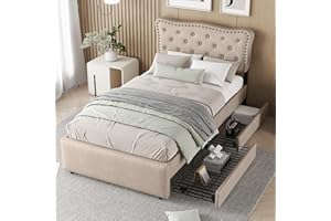 LATICO Polsterbet Kinderbett Einzelbett 90x200 cm mit 2 Stauraum Schubladen, Kopfteil mit Dekorativen Nieten, Bettgestell mit Lattenrost, Stauraumbett Jugendbett, Ohne Matratze, Leinen (Dunkelbeige-A)