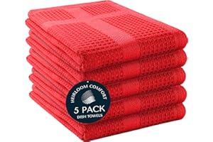 HEIRLOOM COMFORT 100% Cotton Kitchen Towels, 40x66 cm, 5 Pack, Waffle Weave, Absorbent, Fast Drying Dishcloth Set for Cleaning, Hand Towels, Dish Rags, Wash Cloth, Durable, Machine Washable, Red