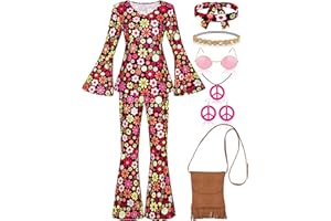 AOTHSO 8 Pack 70s Women Hippie Costume Set Top Sleeve Boho Flared Pants Peace Sign Accessories for Halloween Costume Cosplay