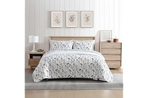 Eddie Bauer - Zestaw kołder typu queen, dwustronna bawełniana pościel z pasującymi poszewkami, klasyczna kwiatowa dekoracja domu z tyłu w kratę (Flower Field Green, Queen)