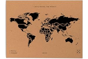 Miss Wood Map XL, Mappa del mondo di Sughero, 60 x 90 cm, Naturale/Nero