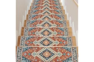 Homcomodar 15 x Indoor Stair Mats, 76 x 20 cm, Vintage Stair Treads Mats, Non-Slip Stair Rug for Wooden Steps, Rubber Back, Stair Carpet, Self-Adhesive Carpet for Stair Steps (Orange/Blue)