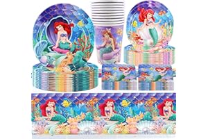 FGen Meerjungfrau Geburtstag Party Dekoration,51 Stück Mermaid Geburtstag Party Set, Arielle Geburtstag Deko mit Meerjungfrau Teller, Servietten,Tassen,Tischdecke für 10 Gäste, 01