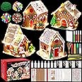 Fovths 4 Sets Clay Christmas Gingerbread House Kit with LED Lights Craft Cardboard Gingerbread House DIY Christmas Decorations Holiday Activity Arts and Crafts for Christmas Party Supplies Decoration