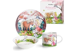 MIAMIO - 3er-Set Kindergeschirr/Porzellan Kinderbesteck, Kindergeschirr-Set aus Porzellan - Inklusive Teller, Schüssel und Tasse - Für Kinder und Kleinkinder (Prinzessin)
