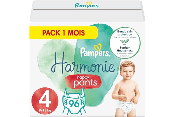 Pampers Couches-Culottes Taille 4 (9-15 kg), Harmonie, 96 Couches-Culottes Bébé, Multi Pack, 0% de compromis, 100% d'absorption, Ingrédients d'origine végétale, Hypoallergéniques