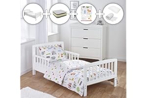 ELEGANT BABY Complete 7 Piece Kids White Toddler Bed Bundle with Kinder Flow Mattress and Circus Friends Reversible Bedding Set | Junior and Children's Bed