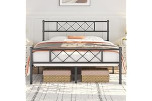 Yaheetech 4ft6 Double Bed, Metal Platform Bed Frame Solid Bedstead Base with Cross-design Headboard and Footboard, Underbed Storage Space, Slatted Bed Fits for Teenagers/Adults, Black
