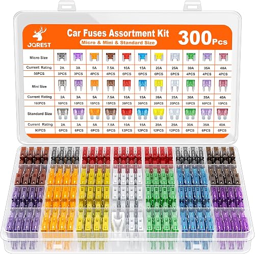 JOREST 300-Piece Car Fuse Set, 160 Mini Blade Fuses + 90 Standard Fuses + 50 Micro Fuses + 1 Fuse Puller - for Cars/Motorhomes/Lorries (2 Amp 3A 5A 7.5A 10A 15A 20A 25A 30A 35A 40A)